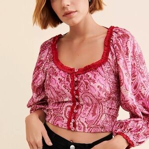 Free People Dare Me Velvet Pink Paisley Print Button-Front Blouse with Red Trim